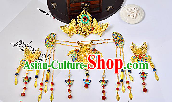 Traditional Handmade Chinese Ancient Wedding Hair Accessories Xiuhe Suit Cloisonn Butterfly Phoenix Coronet Complete Set, Bride Hanfu Hair Sticks Hair Jewellery for Women