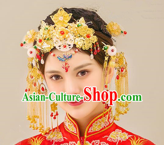 Traditional Handmade Chinese Ancient Wedding Hair Accessories Xiuhe Suit Golden Tassel Phoenix Coronet Complete Set, Bride Hanfu Hair Sticks Hair Jewellery for Women