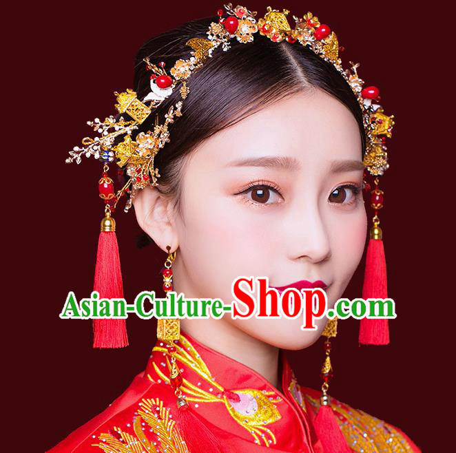 Traditional Handmade Chinese Ancient Wedding Hair Accessories Xiuhe Suit Red Tassel Phoenix Coronet Complete Set, Bride Hanfu Hair Sticks Hair Jewellery for Women