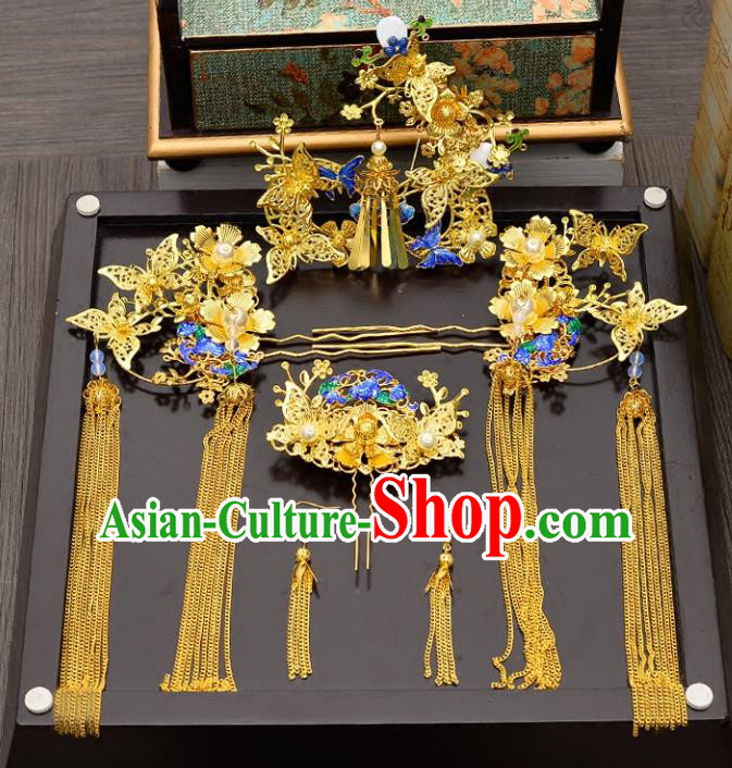 Traditional Handmade Chinese Ancient Wedding Hair Accessories Xiuhe Suit Blueing Cloisonne Butterfly Phoenix Coronet Complete Set, Bride Tassel Step Shake Hanfu Hairpins Hair Sticks Hair Jewellery for Women