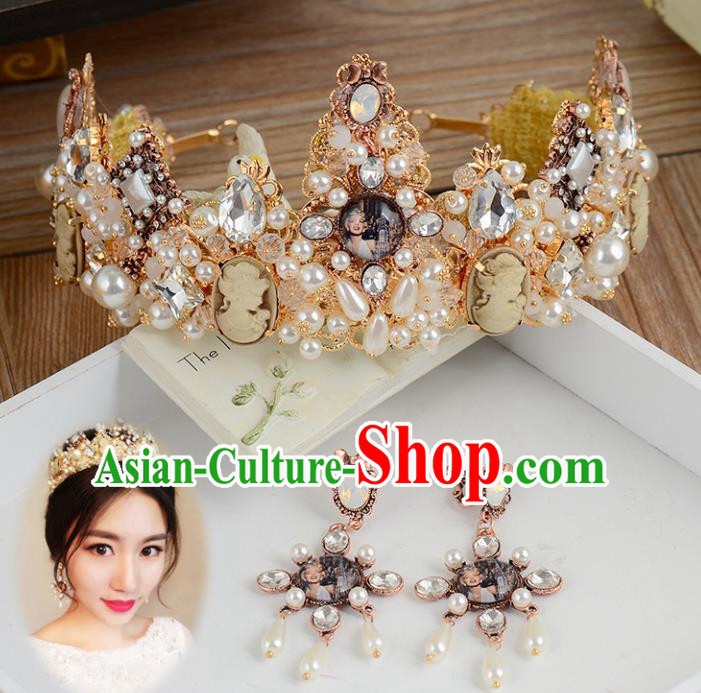 Top Grade Handmade Hair Accessories Baroque Style Palace Princess Wedding Crystal Vintage Royal Crown and Earrings, Bride Hair Kether Jewellery Imperial Crown for Women