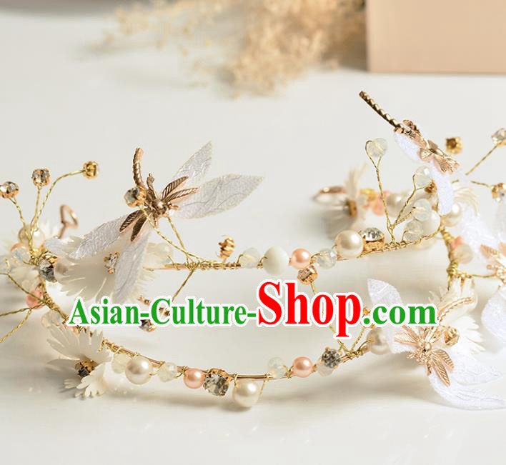 Top Grade Handmade Chinese Classical Hair Accessories Princess Wedding Dragonfly Pearls Hair Clasp Headband Bride Headwear for Women