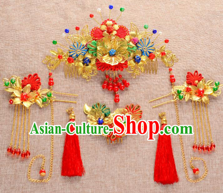 Traditional Handmade Chinese Ancient Wedding Hair Accessories Xiuhe Suit Chinese Knots Forehead Ornament Complete Set, Bride Tassel Step Shake Hanfu Hair Fascinators for Women