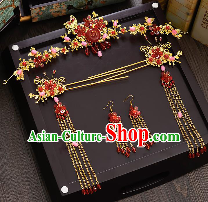 Traditional Handmade Chinese Ancient Wedding Hair Accessories Xiuhe Suit Red Phoenix Coronet Complete Set, Bride Tassel Step Shake Hanfu Hairpins Hair Sticks Hair Jewellery for Women