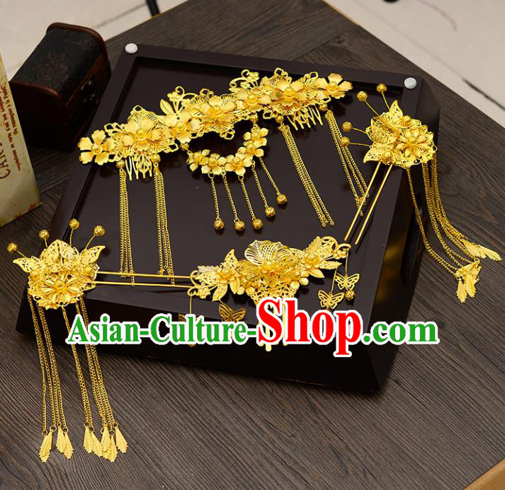 Traditional Handmade Chinese Ancient Wedding Hair Accessories Xiuhe Suit Golden Phoenix Coronet Complete Set, Bride Tassel Step Shake Hanfu Hairpins Hair Sticks Hair Jewellery for Women