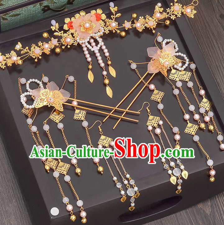 Traditional Handmade Chinese Ancient Wedding Hair Accessories Xiuhe Suit Hairpins Complete Set, Bride Tassel Step Shake Hanfu Hair Sticks Hair Comb for Women