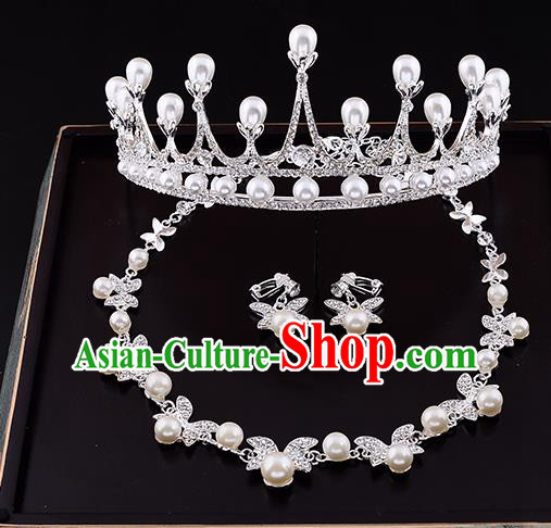 Top Grade Handmade Chinese Classical Jewelry Accessories Queen Wedding Pearls Royal Crown Necklace and Earrings Bride Headgear for Women