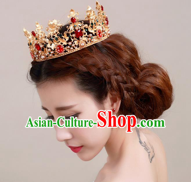 Top Grade Handmade Hair Accessories Baroque Style Palace Princess Wedding Red Crystal Golden Royal Crown, Bride Hair Kether Jewellery Imperial Crown for Women