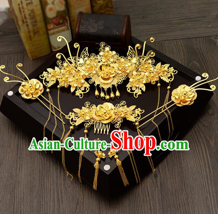 Traditional Handmade Chinese Ancient Costume Wedding Xiuhe Suit Hair Accessories Complete Set Golden Butterfly Phoenix Coronet, Bride Palace Lady Tassel Step Shake Hanfu Hairpins for Women