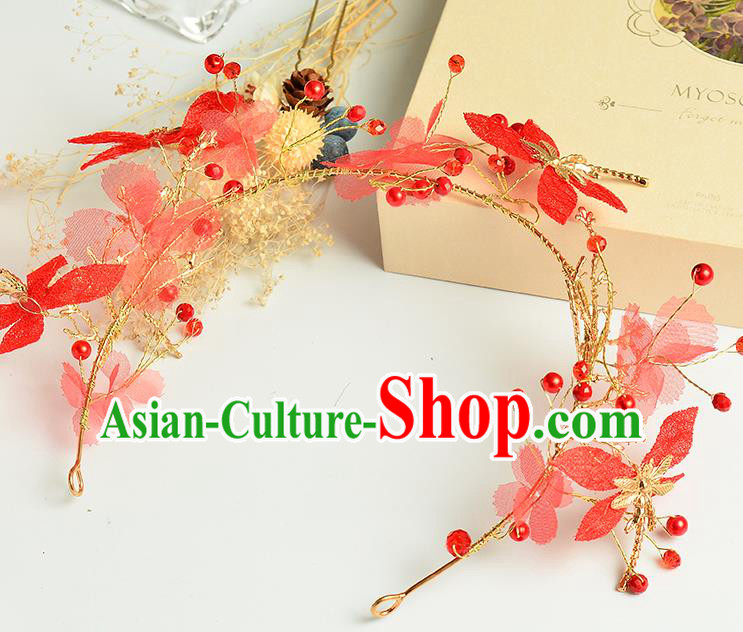 Top Grade Handmade Chinese Classical Hair Accessories Princess Wedding Baroque Red Flowers Dragonfly Hair Clasp Bride Headband for Women