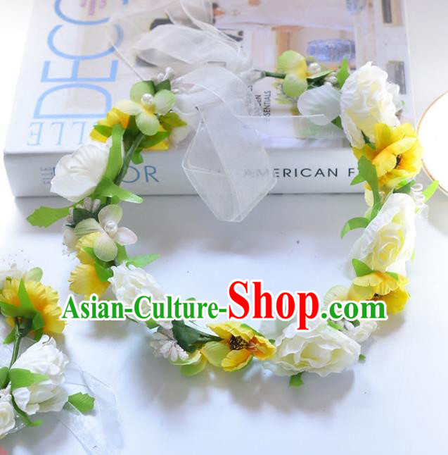 Top Grade Handmade Chinese Classical Hair Accessories Princess Wedding Baroque Yellow Flowers Garland Hair Clasp Headband Bride Headband for Women