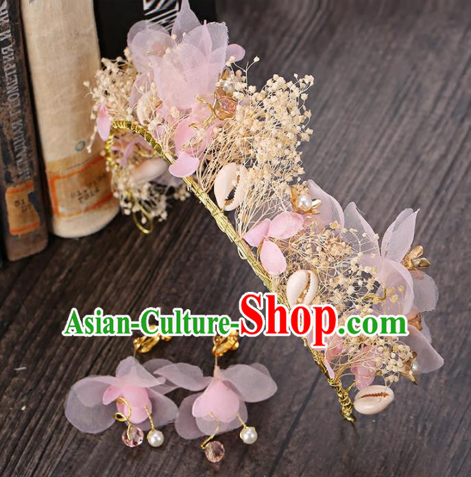 Top Grade Handmade Hair Accessories Baroque Style Palace Princess Wedding Pink Silk Flowers Vintage Royal Crown and Earrings, Bride Hair Kether Jewellery Imperial Crown for Women