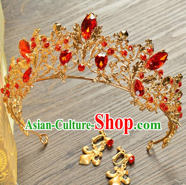 Top Grade Handmade Hair Accessories Baroque Style Palace Princess Wedding Red Crystal Vintage Royal Crown and Earrings, Bride Hair Kether Jewellery Imperial Crown for Women