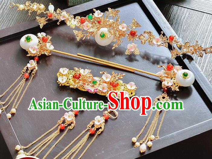 Traditional Handmade Chinese Ancient Costume Wedding Xiuhe Suit Bride Jade Phoenix Coronet Hair Accessories Complete Set, Step Shake Hanfu Hairpins for Women