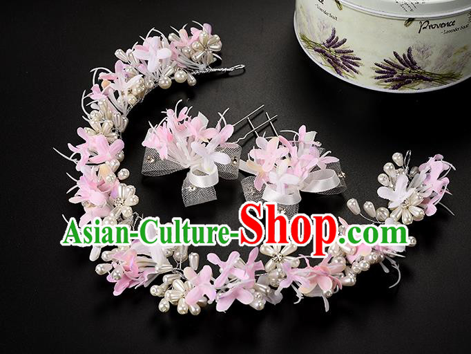 Top Grade Handmade Chinese Classical Hair Accessories Princess Wedding Baroque Headwear Pink Lace Flowers Pearls Hairpins Hair Clasp Bride Headband for Women