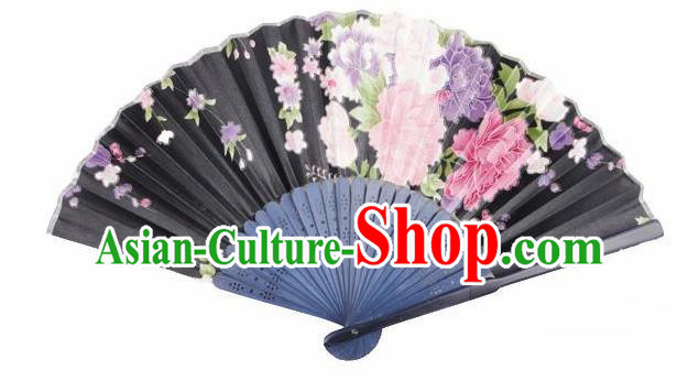 Traditional Chinese Crafts Silk Folding Fan China Sensu Japan Printing Flowers Dance Black Accordion Fan for Women