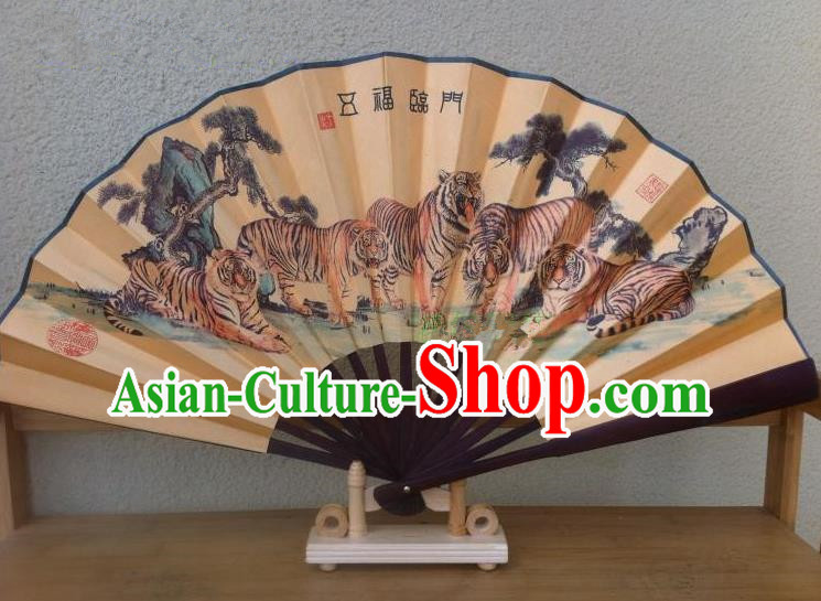 Traditional Chinese Crafts Silk Folding Fan China Sensu Printing Five Tigers Accordion Fan for Men