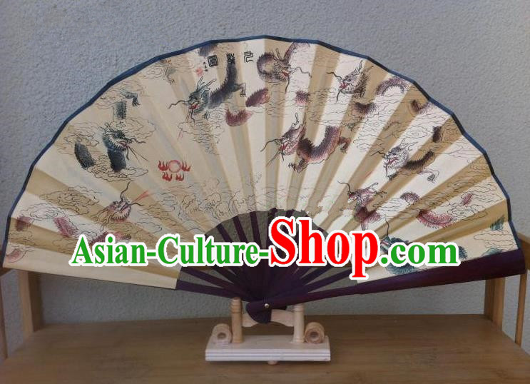 Traditional Chinese Crafts Silk Folding Fan China Sensu Ink Painting Nine Dragons Accordion Fan for Men