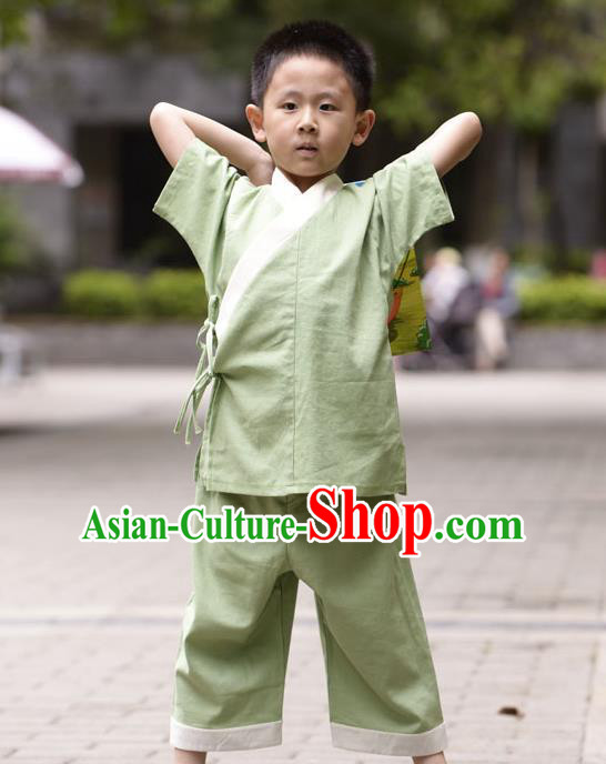 Traditional Chinese Han Dynasty Children Hanfu Kungfu Costume, China Ancient Martial Arts Green Clothing for Kids