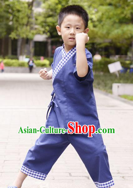 Traditional Chinese Han Dynasty Children Hanfu Kungfu Costume, China Ancient Martial Arts Deep Blue Clothing for Kids