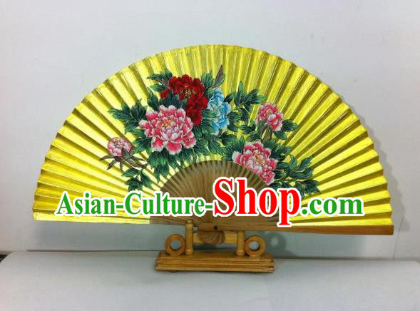 Traditional Chinese Crafts Peking Opera Folding Fan China Sensu Hand Painting Peony Chinese Xuan Paper Golden Paint Fan for Women