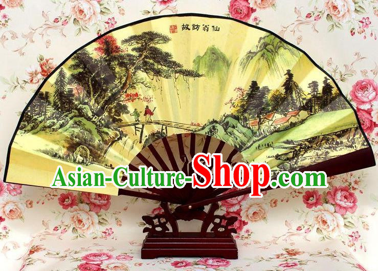 Traditional Chinese Crafts Peking Opera Folding Fan China Sensu Handmade Chinese Ink Painting Pineburst Silk Fan for Men