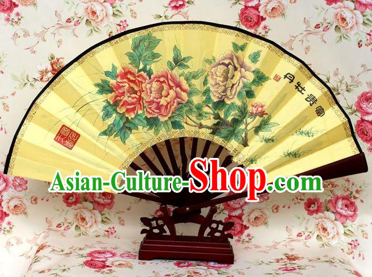 Traditional Chinese Crafts Peking Opera Folding Fan China Sensu Handmade Chinese Ink Painting Rich Peony Silk Fan for Men
