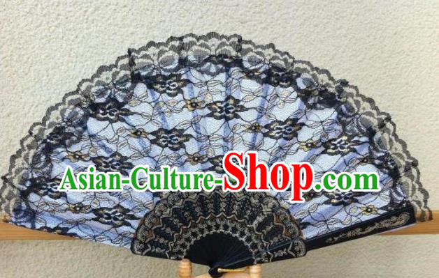 Traditional Chinese Crafts Peking Opera Folding Fan China Sensu Handmade Chinese Dance Double Black Lace Fan for Women