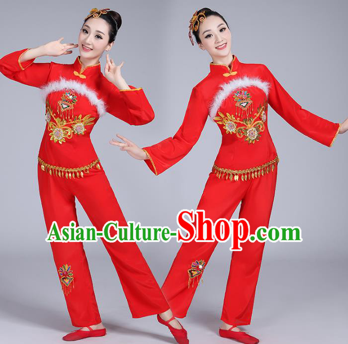 Traditional Chinese Classical Dance Yangge Fan Dance Embroidery Costume, Folk Dance Drum Dance Clothing Yangko Red Uniform for Women