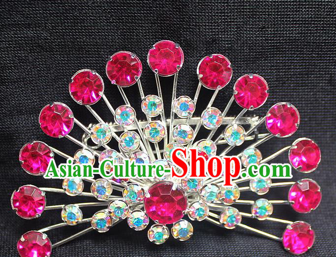 Traditional China Beijing Opera Young Lady Jewelry Accessories Collar Brooch, Ancient Chinese Peking Opera Hua Tan Diva Rosy Crystal Fanshaped Breastpin