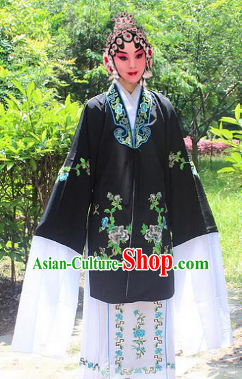 Traditional China Beijing Opera Young Lady Hua Tan Costume Embroidered Black Cape, Ancient Chinese Peking Opera Female Diva Embroidery Dress Clothing
