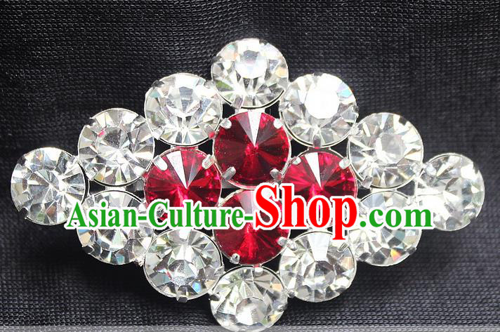 Traditional China Beijing Opera Young Lady Jewelry Accessories Collar Brooch, Ancient Chinese Peking Opera Hua Tan Diva Red Crystal Rhombus Breastpin