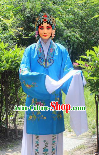 Traditional China Beijing Opera Young Lady Hua Tan Costume Embroidered Water Sleeve Blue Cape, Ancient Chinese Peking Opera Female Diva Embroidery Dress Clothing