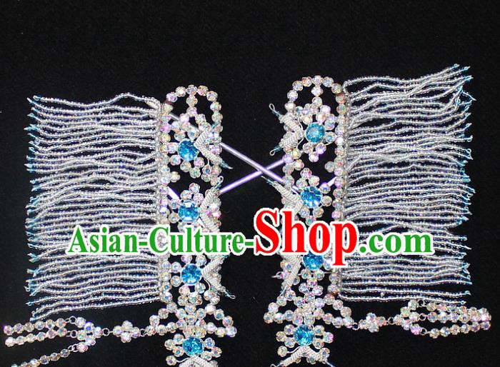 Traditional China Beijing Opera Young Lady Hair Accessories Temples Tassel Step Shake, Ancient Chinese Peking Opera Hua Tan Headwear Diva Blue Crystal Empress Hairpins