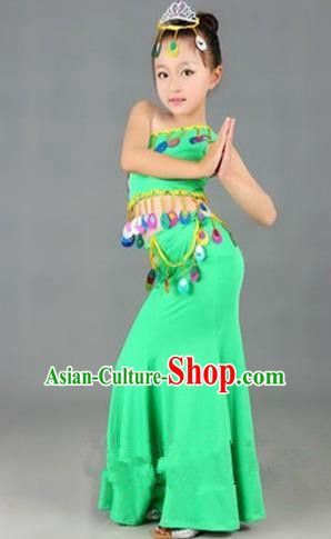 Traditional Chinese Dai Nationality Peacock Dance Costume, Folk Dance Ethnic Costume, Chinese Minority Nationality Dance Green Dress for Kids