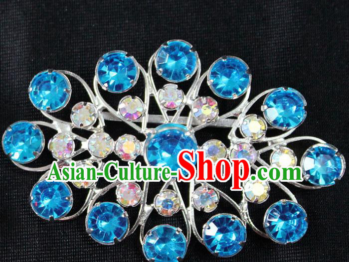 Traditional China Beijing Opera Young Lady Jewelry Accessories Blue Crystal Collar Brooch, Ancient Chinese Peking Opera Hua Tan Diva Blue Colorful Breastpin