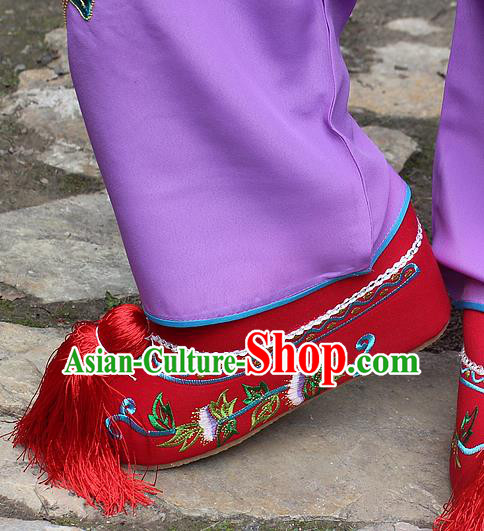 Traditional China Beijing Opera Hua Tan Embroidered Shoes, Ancient Chinese Peking Opera Young Lady Diva Princess Red Blood Stained Shoes
