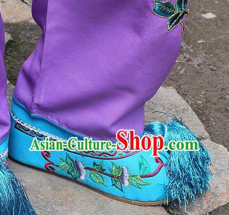 Traditional China Beijing Opera Hua Tan Embroidered Shoes, Ancient Chinese Peking Opera Young Lady Diva Princess Blue Blood Stained Shoes
