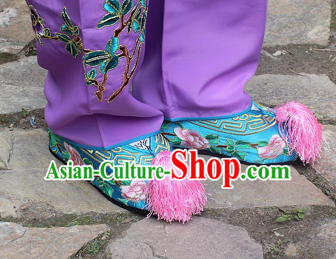 Traditional China Beijing Opera Hua Tan Embroidered Blue Shoes, Ancient Chinese Peking Opera Young Lady Diva Princess Embroidery Blood Stained Shoes