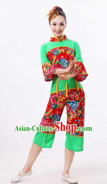 Traditional Chinese Classical Dance Yangge Fan Dance Green Costume, Folk Dance Waist Drum Dance Clothing Yangko Uniform for Women