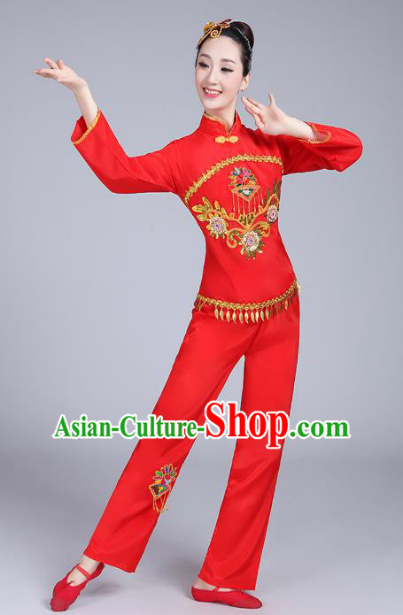Traditional Chinese Classical Dance Yangge Fan Dance Embroidery Costume, Folk Dance Drum Dance Clothing Yangko Red Uniform for Women