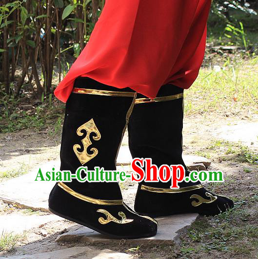 Traditional China Beijing Opera Warrior Embroidered Shoes, Ancient Chinese Peking Opera Soldier Takefu Black Boots