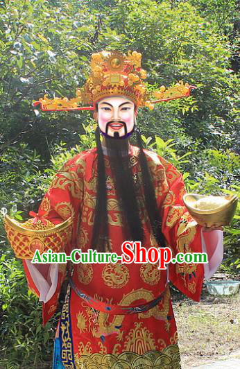 Traditional China Beijing Opera Top Grade Costume God of Wealth Embroidered Robe and Headwear Complete Set, Ancient Chinese Peking Opera Gwanbok Clothing