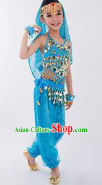 Traditional Indian Classical Dance Belly Dance Costume, India China Uyghur Nationality Dance Clothing Blue Paillette Uniform for Kids