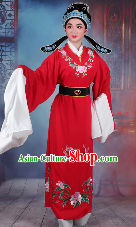 Traditional China Beijing Opera Niche Costume Lang Scholar Embroidered Red Robe and Headwear, Ancient Chinese Peking Opera Jia Baoyu Embroidery Clothing