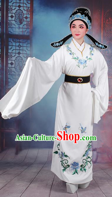 Traditional China Beijing Opera Niche Costume Lang Scholar Embroidered White Robe and Headwear, Ancient Chinese Peking Opera Jia Baoyu Embroidery Clothing