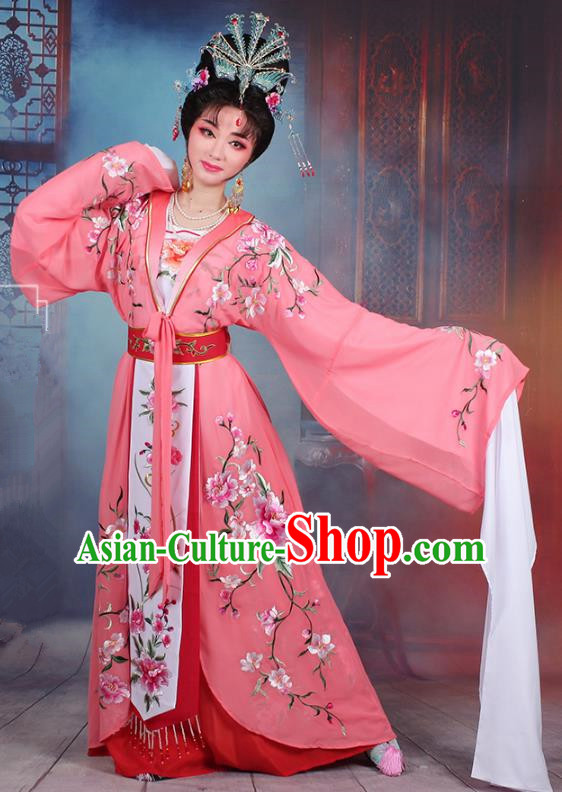 Traditional China Beijing Opera Young Lady Hua Tan Costume Peach Pink Embroidered Cape, Ancient Chinese Peking Opera Diva Embroidery Peony Water Sleeve Dress Clothing
