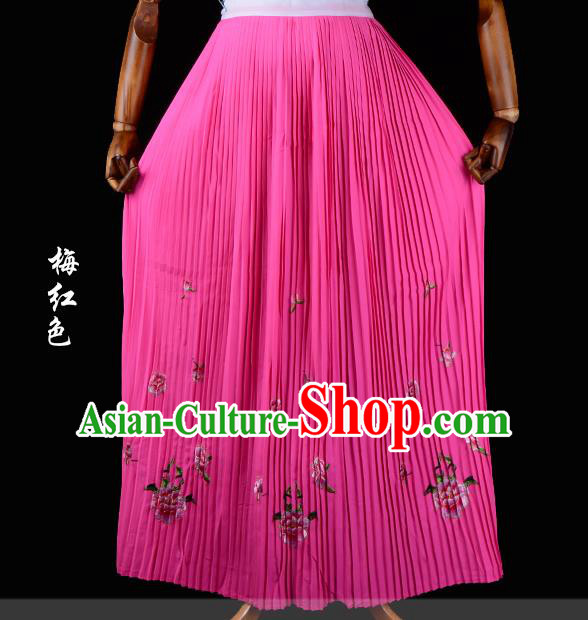 Traditional China Beijing Opera Young Lady Hua Tan Costume Female Embroidered Plum Red Pleated Skirt, Ancient Chinese Peking Opera Diva Embroidery Peony Dress Bust Skirt