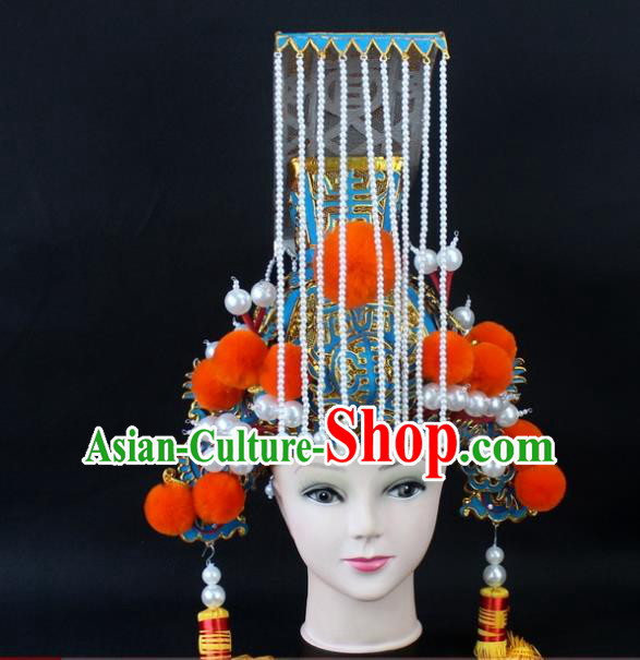 Traditional China Beijing Opera Qin Dynasty Emperor Tassel Hat, Ancient Chinese Peking Opera First Emperor of Qin Crown Headwear