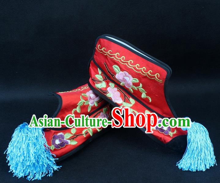 Traditional China Beijing Opera Female Warrior Embroidered Shoes, Ancient Chinese Peking Opera Blues Red Boots